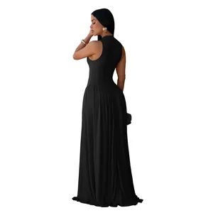 Elegant sleeveless black maxi dress for women featuring a chic round neck and back view