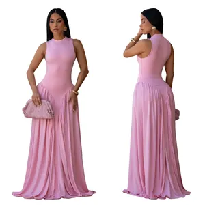 Detailed front and back views of a pink sleeveless round neck pleated maxi dress