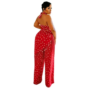 Ensemble rouge à pois stylé avec haut dos nu à franges et pantalon large