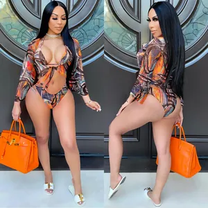 Sexy three-piece mesh bikini set with abstract print shown in front and side views