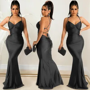Detailed view of black mermaid long dress featuring elegant lace-up back and spaghetti straps