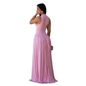 Back view of an elegant sleeveless pink maxi dress featuring a flowing pleated skirt