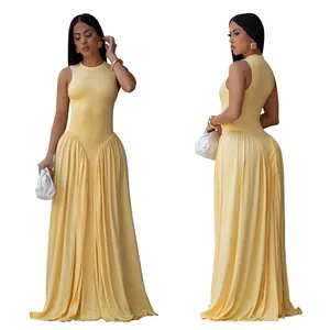 Detailed front and side view of elegant pale yellow sleeveless maxi dress with pleated skirt