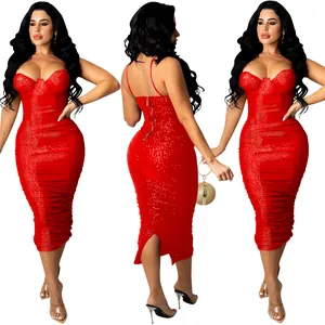 Sexy red sequined bodycon midi dress with spaghetti straps and back slit for parties
