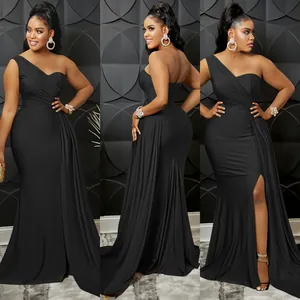 Elegante vestido de noche negro de un solo hombro mostrado desde varios ángulos