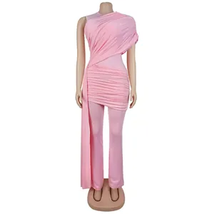 Eleganter rosafarbener Jumpsuit mit Draperie und Schärpe für Damen in schmaler Passform