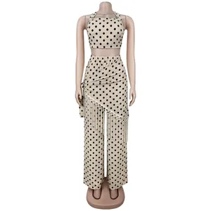 Ensemble deux pièces à pois avec haut dos nu et pantalon large à franges pour femmes