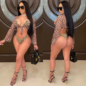 Sexy leopard print mesh bikini three-piece set with long sleeve cover-up and thong