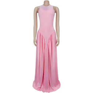 Elegant pink sleeveless round-neck maxi dress with pleated waist detail on mannequin