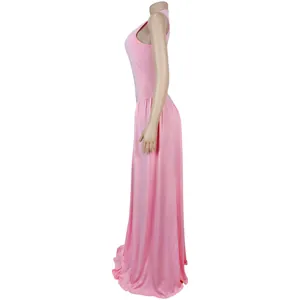 Side view profile of a sleeveless elegant pink maxi dress displayed on a mannequin