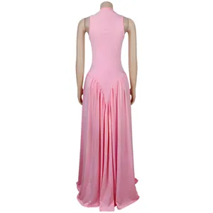 Back view of an elegant pink sleeveless maxi dress with a pleated floor-length skirt