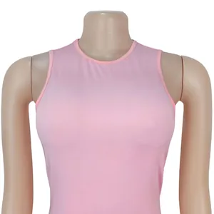 Close-up of pink round neck sleeveless dress on mannequin showing fabric detail and neckline.