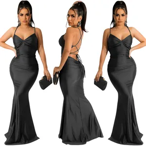 Triple view of a sexy black backless lace-up bodycon maxi dress for formal events
