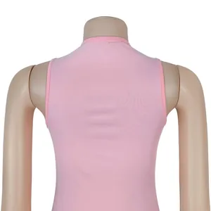 Detailed back view of an elegant pink sleeveless round neck dress displayed on a mannequin