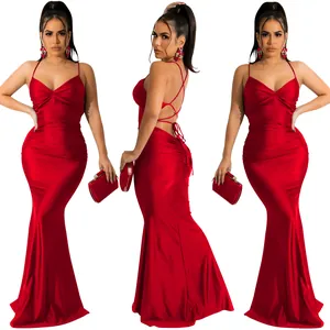Front and back view of elegant red backless bodycon maxi dress with spaghetti straps