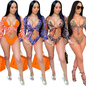 Sexy 3-piece bikini set with mesh cardigan in leopard and animal prints
