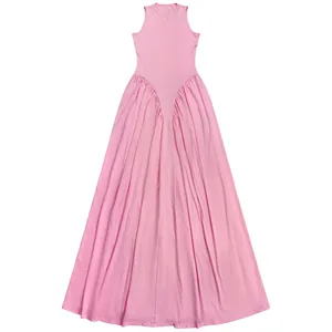 Elegant pink round neck sleeveless maxi dress with sophisticated pleated flowing skirt