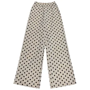 Pantalon large beige à pois pour femme avec taille élastique, style décontracté