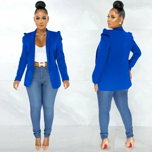 Stylish royal blue puff sleeve blazer jacket for women with front and back perspective