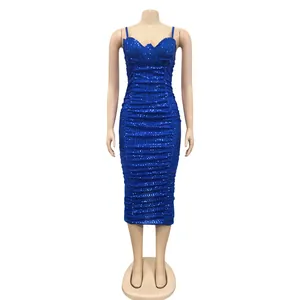 Detail view of vibrant blue sequined ruched midi dress with spaghetti straps on mannequin