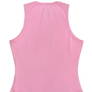 Back view of a pink sleeveless dress with a minimalist round neck and solid color fabric.