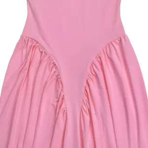 Detail view of pink sleeveless maxi dress showing elegant waist pleats and stitching
