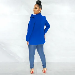 Back view of a chic royal blue blazer with pleated sleeves for modern women's fashion