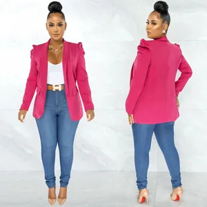 Fuchsia women's blazer with ruffled shoulders, front and back view details