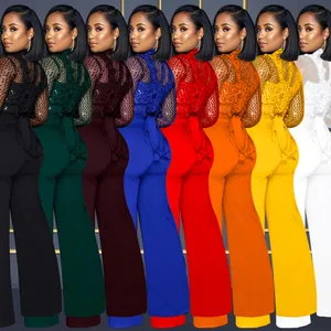 Combinaison élégante en dentelle à manches longues et pantalon large en plusieurs couleurs