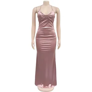 Sexy pink satin bodycon maxi dress with adjustable straps and ruched bust detail.