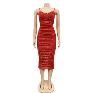 Elegant red sequin bodycon dress with spaghetti straps and ruching detail for women