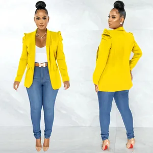 Detailed front and back views of a stylish yellow blazer with pleated long sleeves.