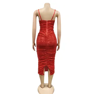 Back view of a sexy red sequined bodycon dress with a slit, perfect for party wear.