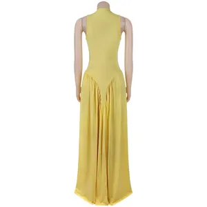 Back view of elegant yellow sleeveless maxi dress with pleated skirt detail.