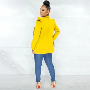 Stylish lemon yellow pleated puff sleeve blazer for women, back view fashion style.