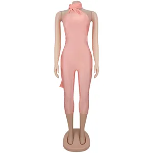 Full view of a sexy pink halter neck backless jumpsuit displayed on mannequin.