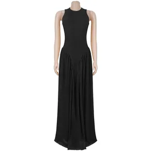 Elegant black sleeveless maxi dress with round neck and flowing pleated long skirt