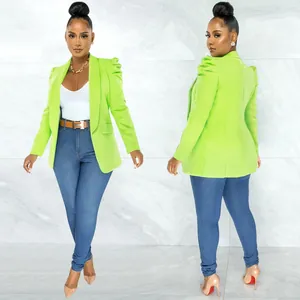 Front and back view of women's neon green blazer with elegant pleated shoulder detail