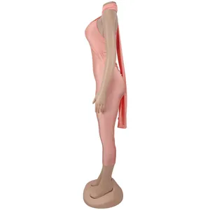 Side profile detail of a sexy backless peach solid color bodysuit jumpsuit for women