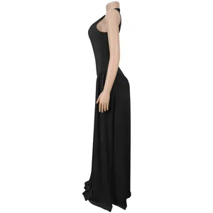 Side profile of an elegant black sleeveless round neck floor-length evening maxi dress