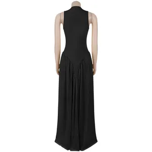 Elegant back view of a sleeveless crew neck black maxi dress with draped waist detail.