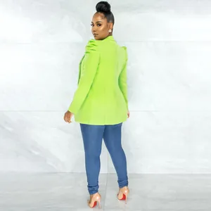 Detailed back view of a lime green women's blazer with stylish pleated long sleeves