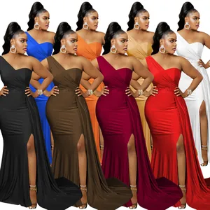 Elegantes vestidos de fiesta multicolores de un solo hombro con aberturas y largo al suelo