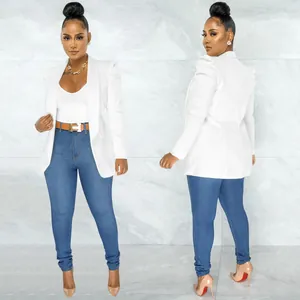 White long sleeve blazer for women featuring puff shoulders and elegant front and back views