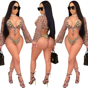 Sexy three-piece leopard print bikini set with matching mesh long sleeve cover-up