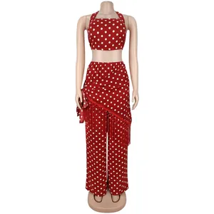 Ensemble deux pièces mode à pois rouges avec haut dos nu et pantalon large à franges
