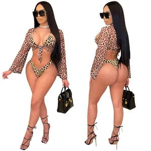 Detailed front and back view of a three-piece leopard print mesh bikini and shrug set