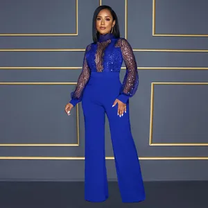 Combinaison bleu roi élégante en tulle à paillettes avec manches ballon et jambes larges