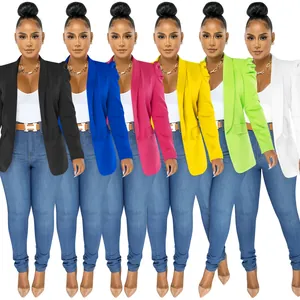 Detailed view of women's pleated long sleeve blazers in multiple vibrant colors