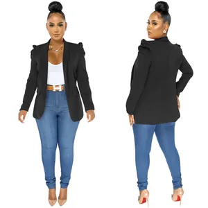 Professional studio front and back view of a black blazer with stylish pleated puff shoulders